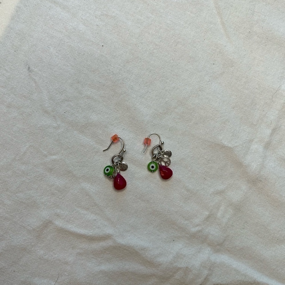 Green Evil Eye and Pink Dangle Earrings